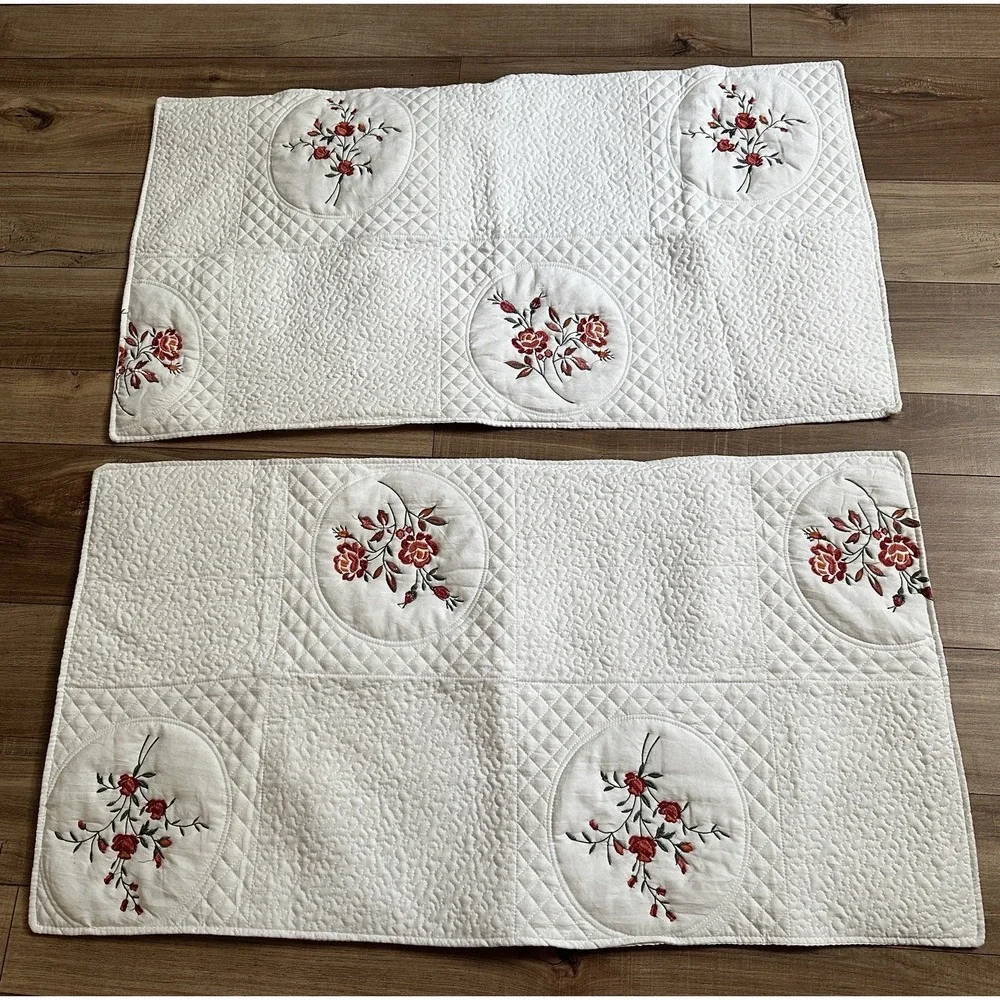 Queen/king quilted coverlet, 86 x 102 white, red floral embroidery Lightweight